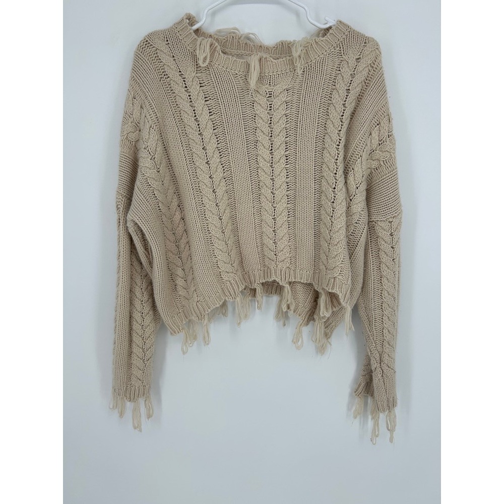 Altar'd State Women Small Cream Cable Knit Sweater Fisherman Fringe Boho Western